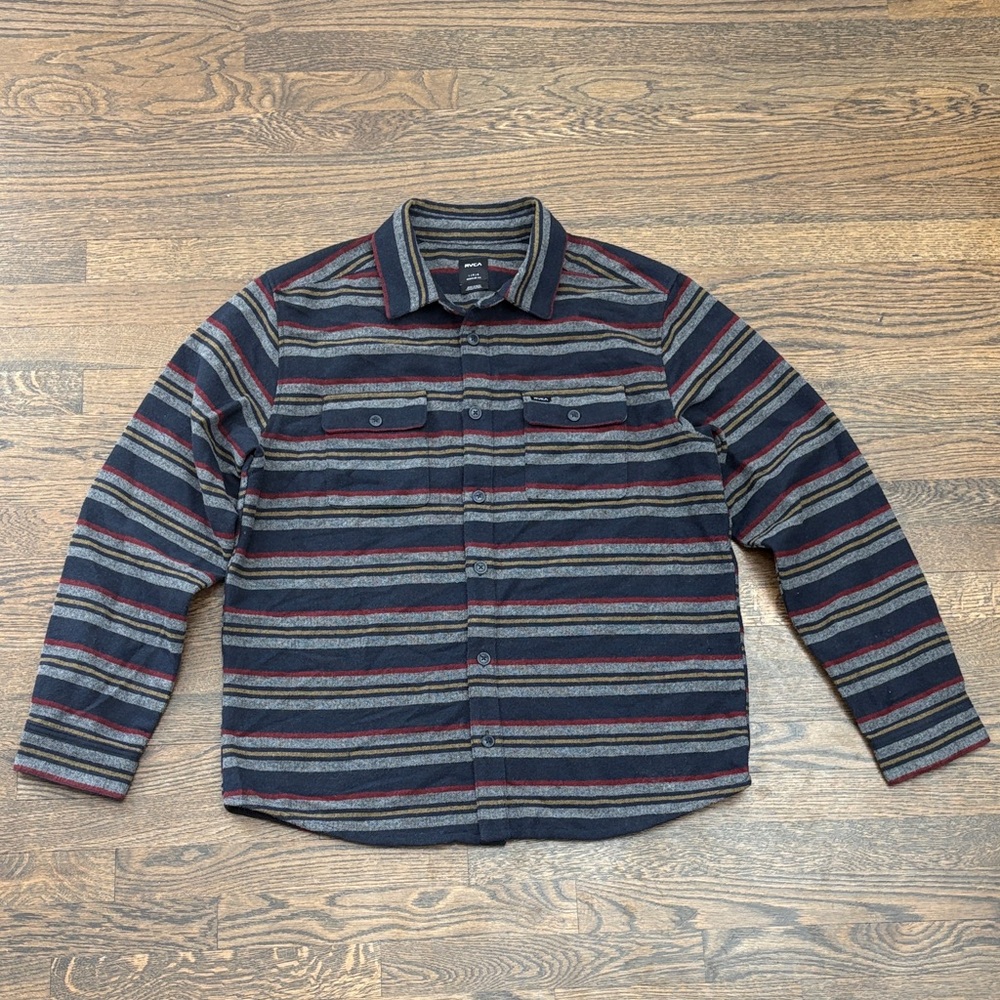 RVCA Men's Striped Button Down Shirt - blue/red/grey/yellow men’s large